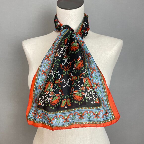 Vintage Scarf Floral Long Retro Eclectic Artsy Colorful Black Orange Blue Green - Picture 13 of 13
